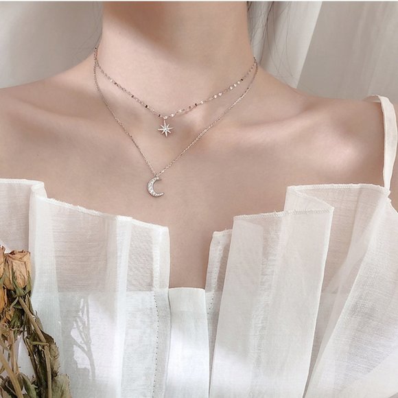 NEW 925 Sterling Silver Diamond Moon Star Necklace - Picture 6 of 8